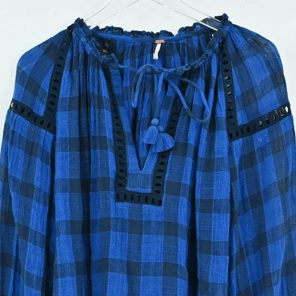 FREE PEOPLE Womens Size XS Honey Grove Blue Black Eyelet Ruffle Sleeve Plaid Top - Picture 3 of 9